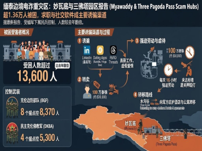 #缅甸资讯：妙瓦底及三佛塔电诈园区超1.36万人被困，求职与社交软件成主要诱骗渠道据最新报告，缅泰边境电诈园区内现有超 1.36 万名国内外人员被困，受缅军下属边防部队及盟友控制，人数较去年翻倍。克伦